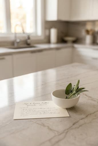 Handwritten recipe note on a quiet kitchen counter
